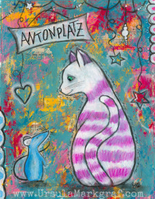 Katze und Maus - inspiriert von dem Kinderlied "Eine rosarote Katze" - mixed media Bild von Ursula Markgraf, not for sale