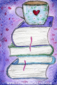 "Tea and books" - mixed media artist trading card by Ursula Markgraf, read the story about slowing down  <a href="https://ursulamarkgraf.com/sunday-whispers-15-ways-to-slow-down-your-life" target="_top
">HERE</a>